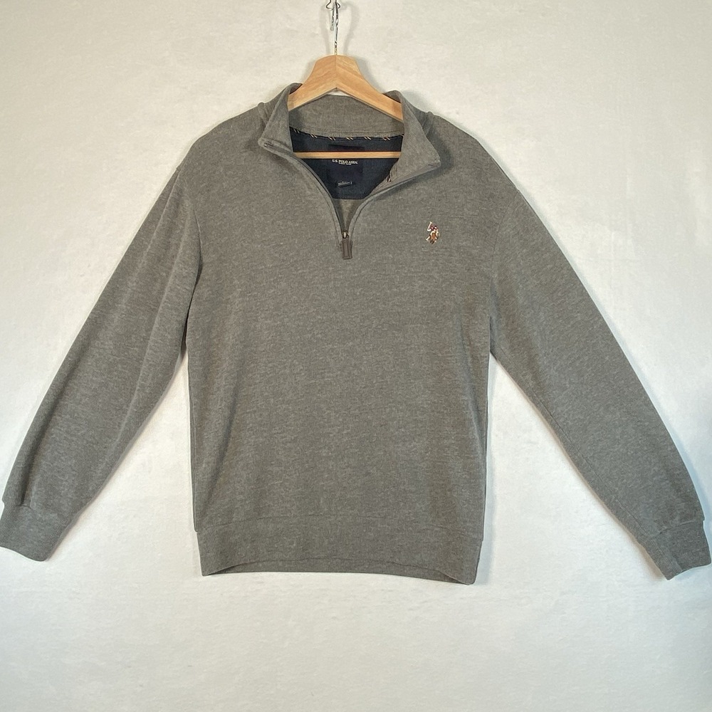 U.S. Polo Assn Quarter Zip Pullover Mens Medium Gray Ribbed Knit Classic Preppy